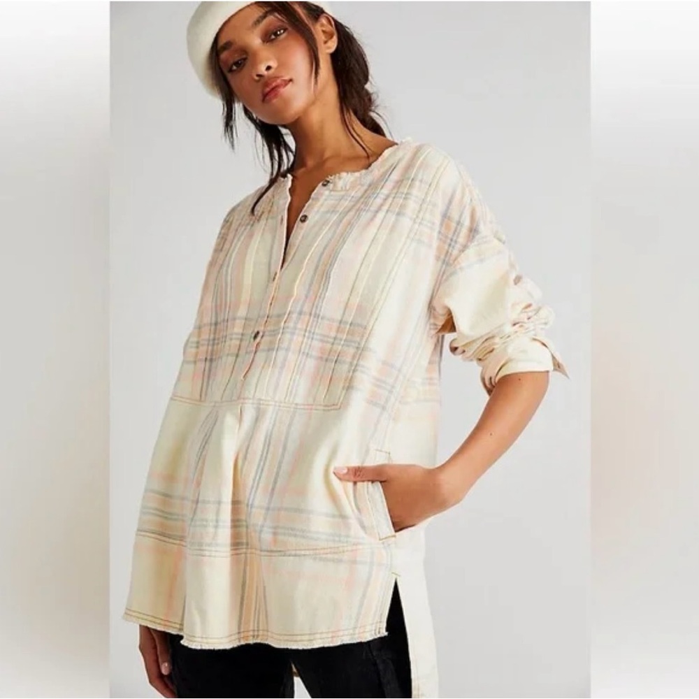 Free People Cream Plaid Tunic Top